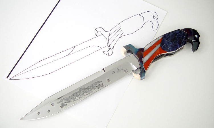 "Freedom's Promise" from hand-drawn design to completed knife in hand-engraved 440C high chromium stainless steel blade, blued steel guard and pommel, milky quartz, red jasper, blue sodalite, solid opals
