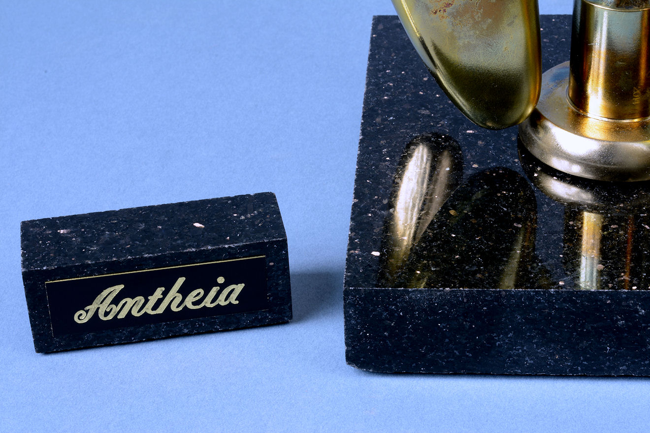 "Antheia" engraved brass nameplate and black galaxy granite base
