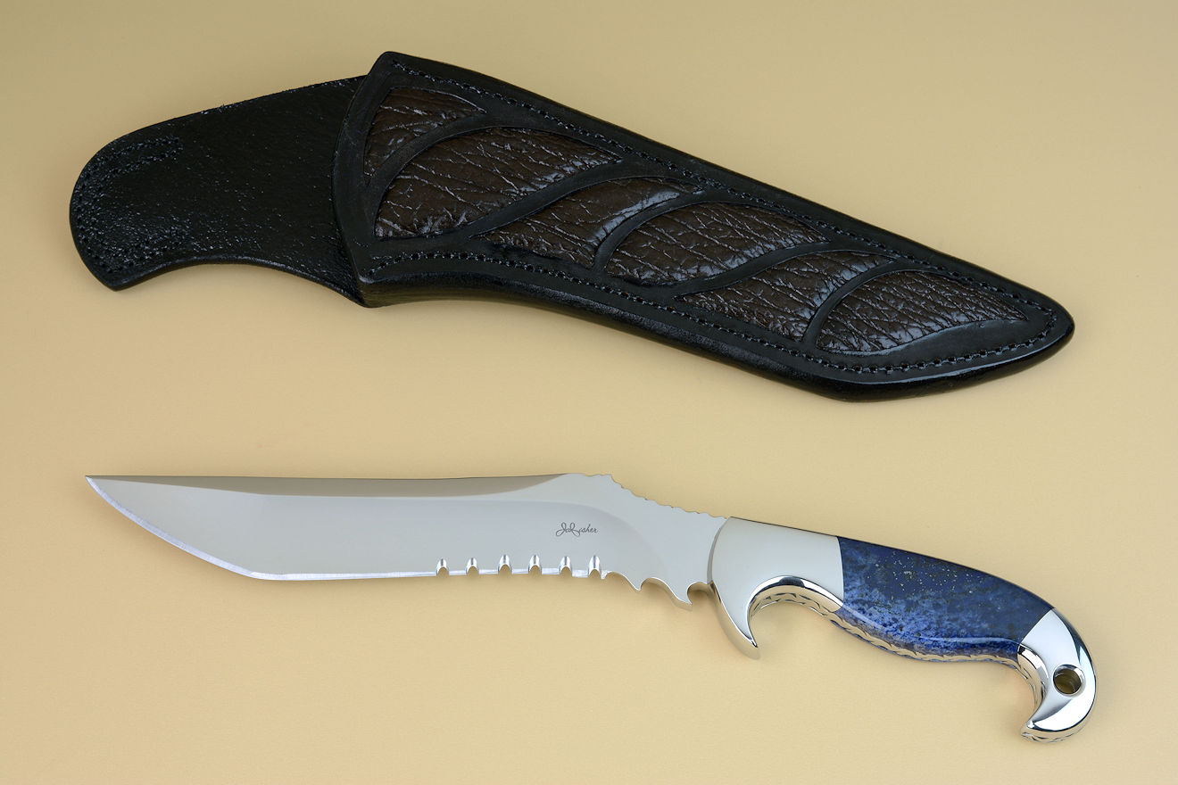 "Arcturus" obverse side view in CPM154CM powder metal technology stainless steel blade, 304 stainless steel bolsters, Dumortierite gemstone handle, shark skin inlaid in hand-carved leather sheath