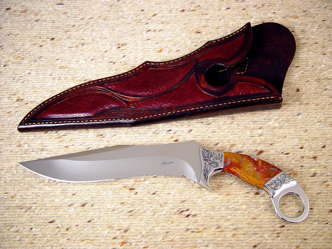 "Argiope" tactical art knife: 440C high chromium stainless steel blade, hand-engraved 304 stainless steel bolsters, Polvadera Jasper gemstone handle, ostrich leg skin inlaid in hand-carved leather sheath