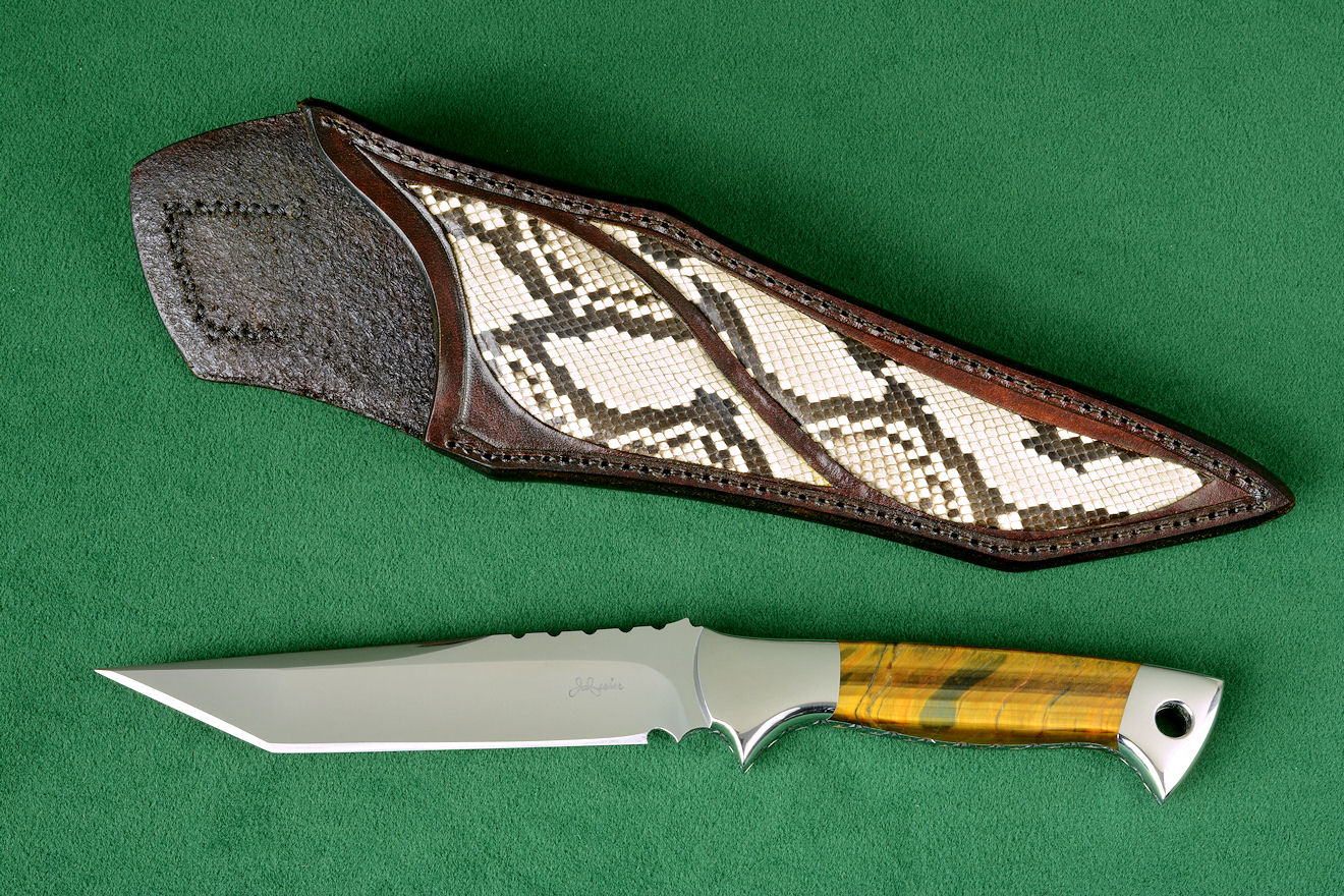 "Argyre" obverse side view in 440C high chromium stainless steel blade, 304 stainless steel bolsters, Tigereye quartz gemstone handle, python skin inlaid in hand-carved leather sheath