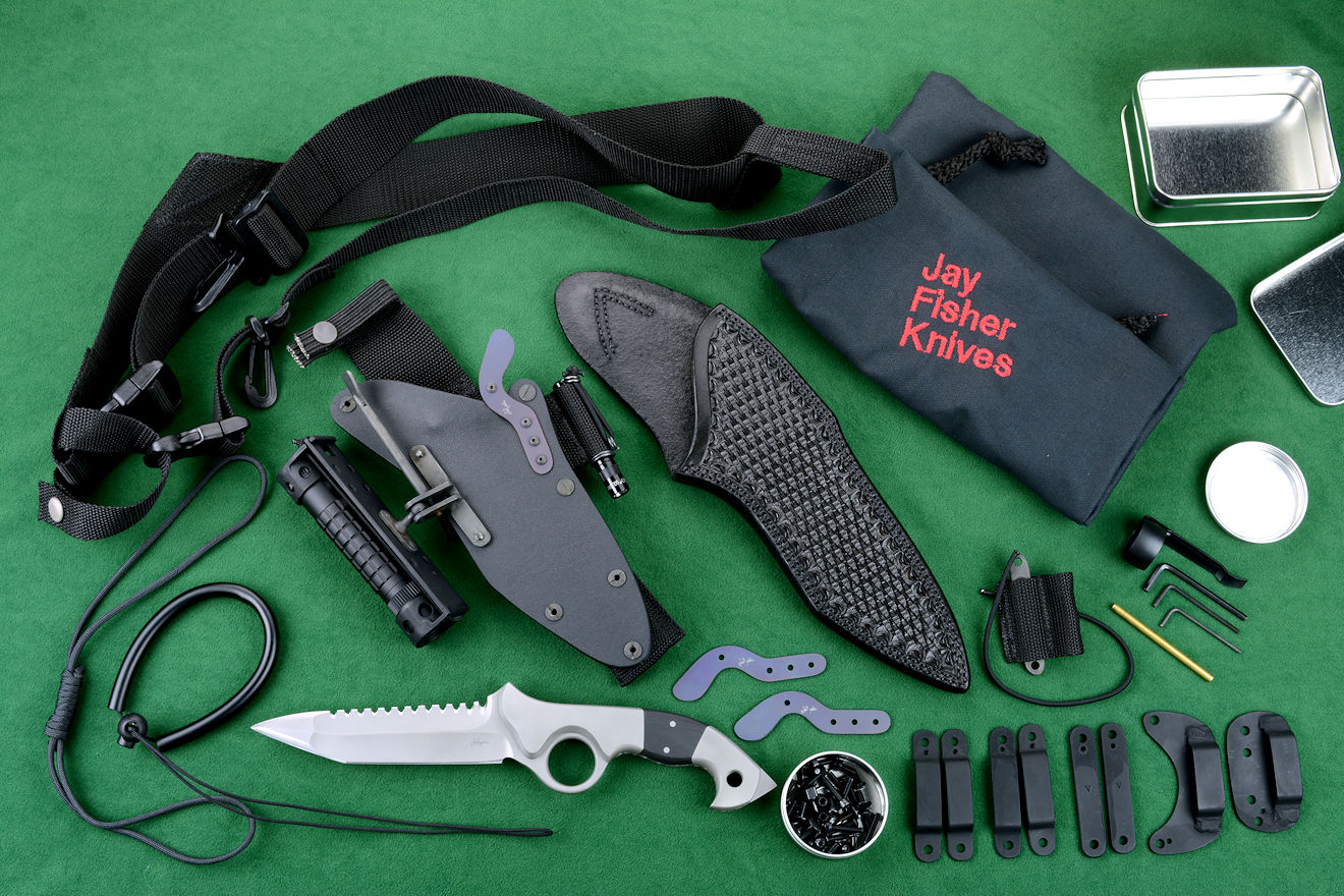 "Ari B' Lilah" Custom Counterterrorism Tactical Combat Knife, full compliment of gear and accessories inlcuding hybrid tension-locking sheath, leather hand-tooled sheath, UBLX, LIMA, HULA, and Sternum Harness Plus with horizontal, vertical belt clamp options, belt loop options, blackend fasteners, lanyards, accessories and mounting tools