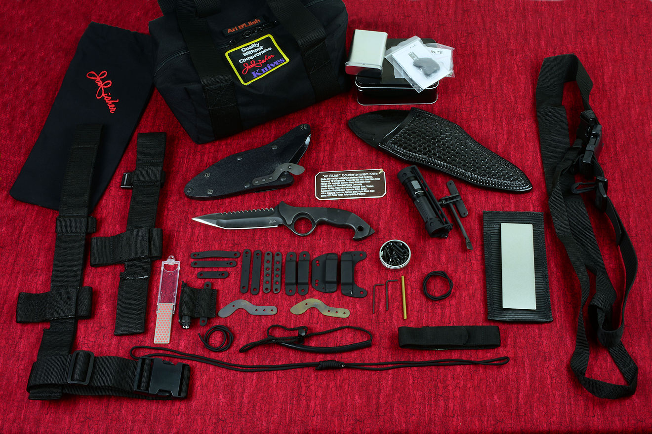 "Ari B'Lilah" professional counterterrorism knife kit, complete, with UBLX, EXBLX, HULA, LIMA, diamond sharpener, leather sheath, sternum harness, lanyards, staps, clamps, hardware, and heavy ballistic nylon duffle