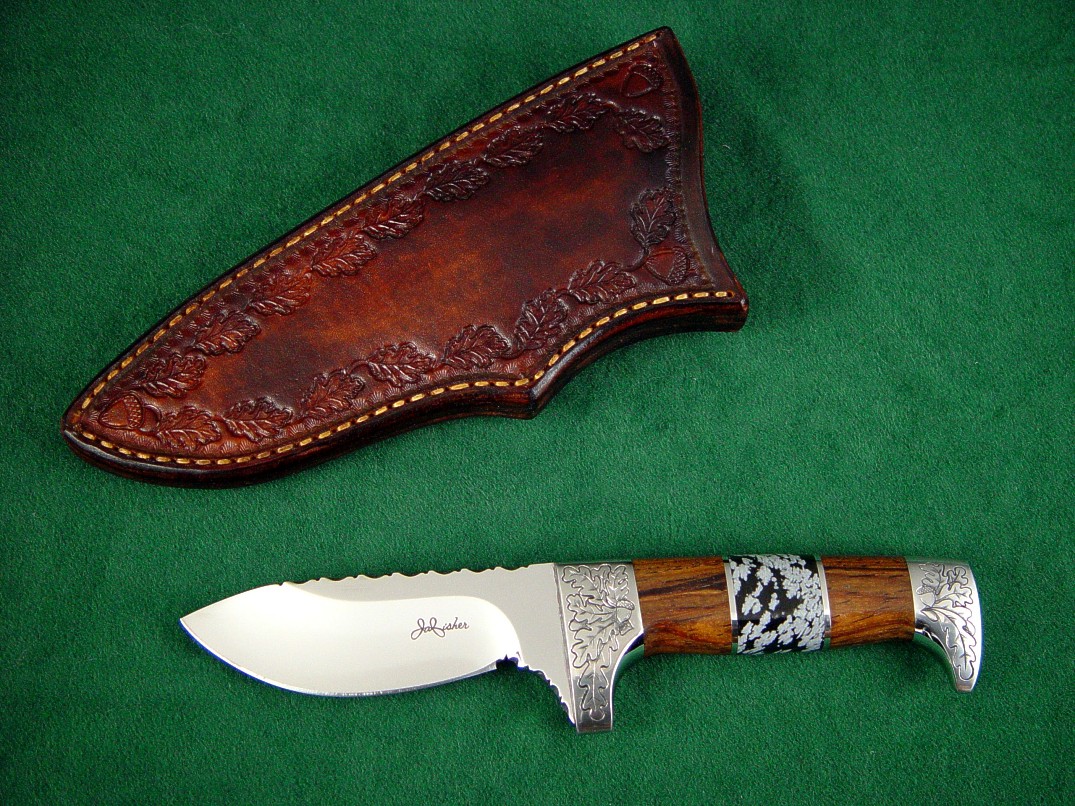 "Aspen" Obverse side view:440c high chromium stainless tool steel blade, hand-engraved 304 stainless guard and pommel, Cocobolo hardwood and Snowflake Obsidian gemstone handle, hand stamped and tooled leather sheath
