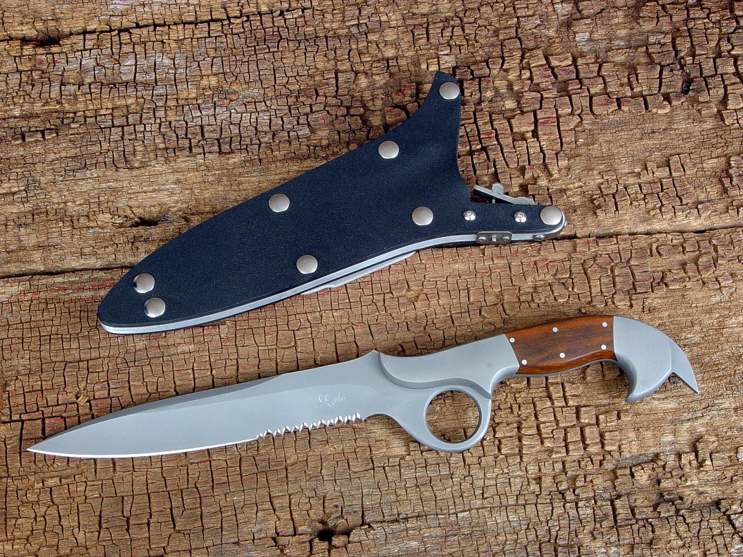 "Azophi" tactical combat knife, obverse side view in ATS-34 high molybdenum stainless steel blade, 304 stainless steel bolsters, Lignum Vitae hardwood handle, locking kydex, aluminum, stainless steel sheath