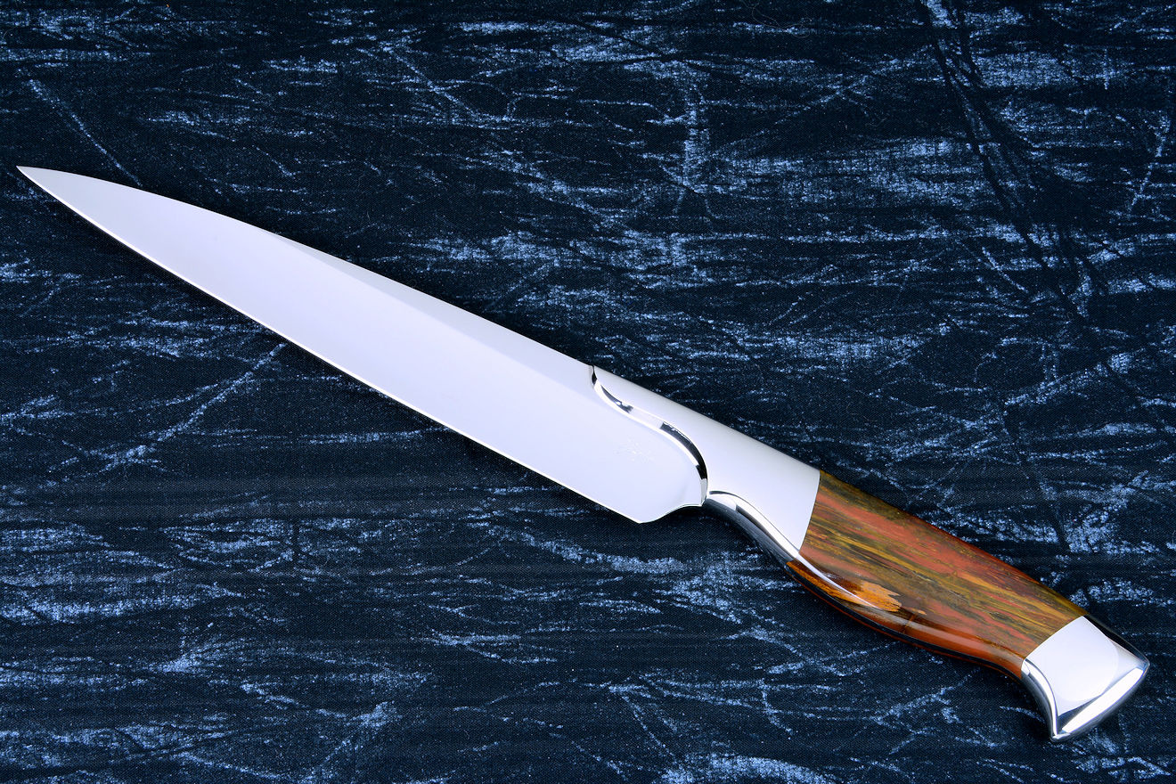 "Bordeaux" fine handmade chef's knife obverse side view in 440C high chromium stainless steel blade, 304 stainless steel bolsters, Caprock petrified wood gemstone handle