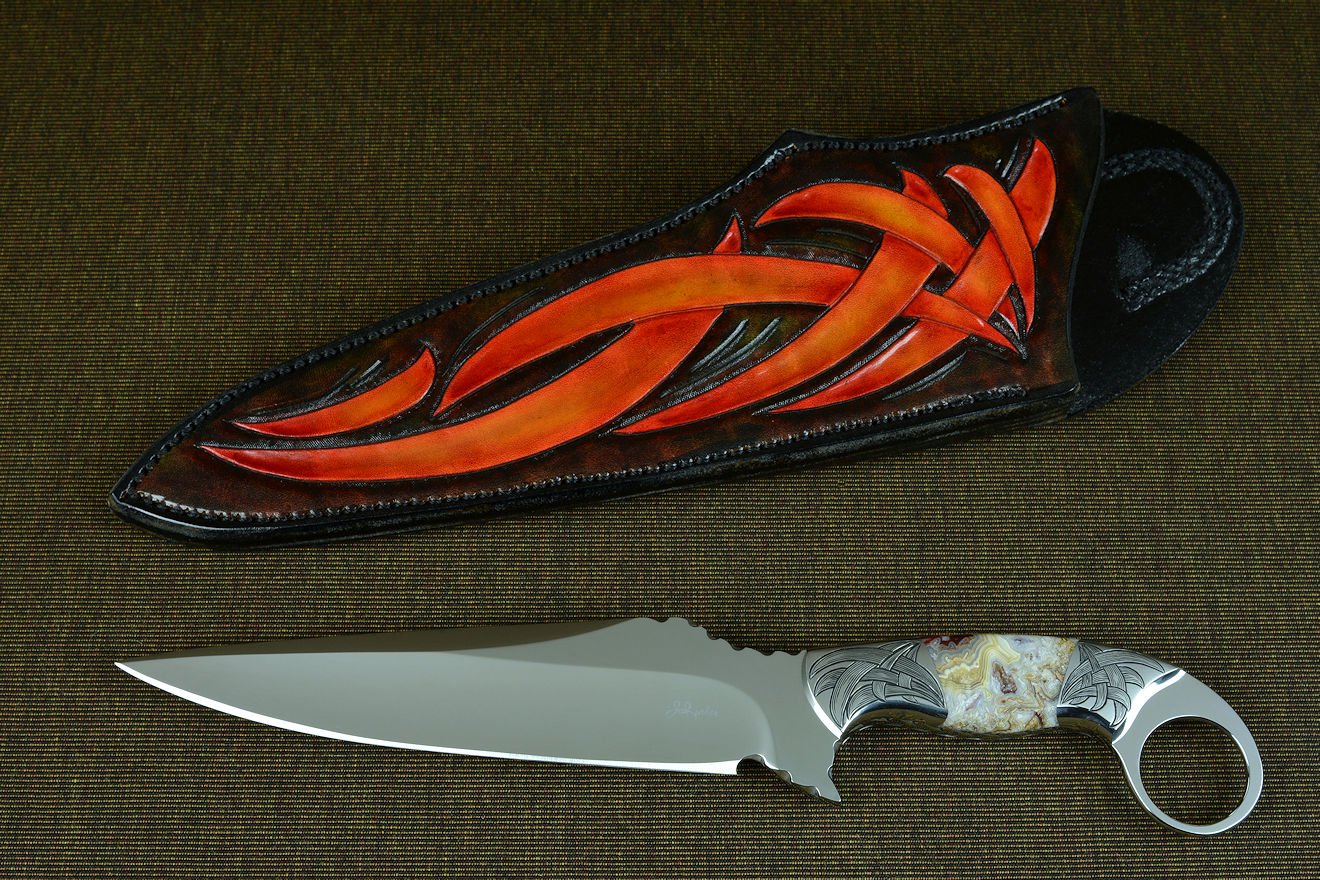 "Bulldog" obverse side view in 440C high chromium stainless steel blade, hand-engraved 304 stainless steel bolsters, Carnival Crazy Lace Agate gemstone  handle, hand-carved, hand-dyed leather sheath