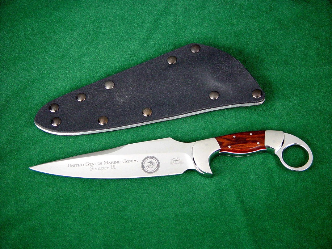 "Bulldog" obverse side view, USMC custom tactical combat knife in etched 440C stainless steel blade, 304 stainless steel bolsters, Cocobolo hardwood handle, kydex, aluminum, blued steel sheath