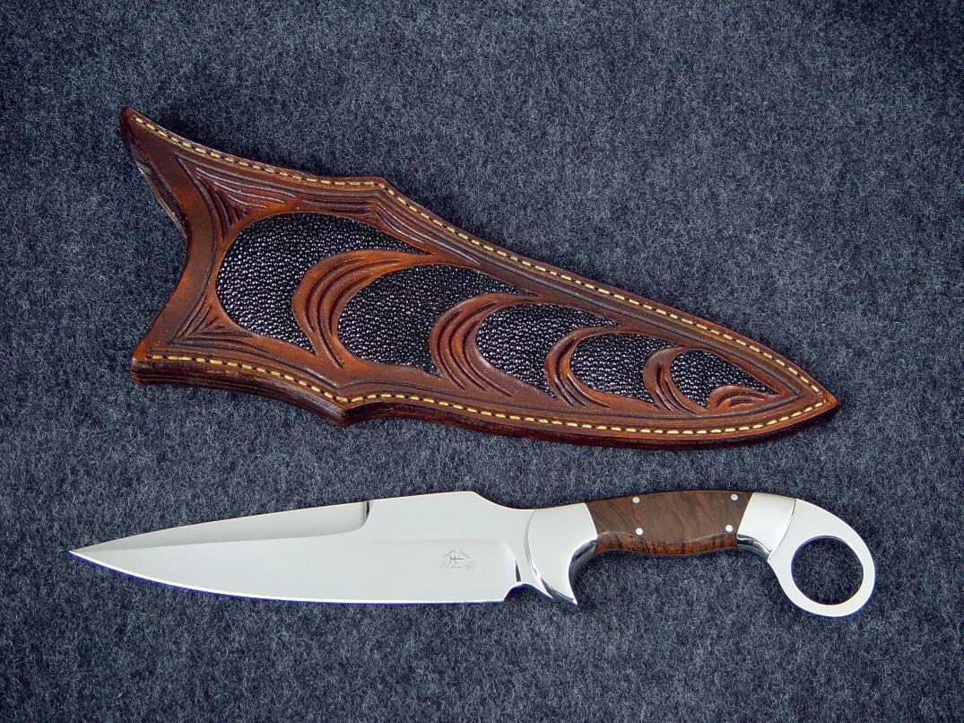 "Bulldog" tactical knife in ATS-34 high molybdenum stainless steel blade, 304 stainless steel bolsters, Ziricote exotic hardwood handle, stingray skin inlaid in hand-carved leather sheath
