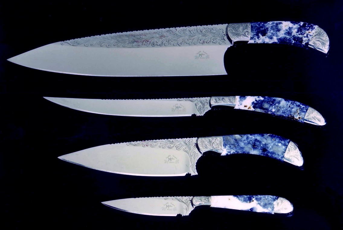 Early chef's knife set. Top to bottom: French Chef's sabatier, slender Boning knife, La Cocina, and Paring knife blades for the kitchen and chef