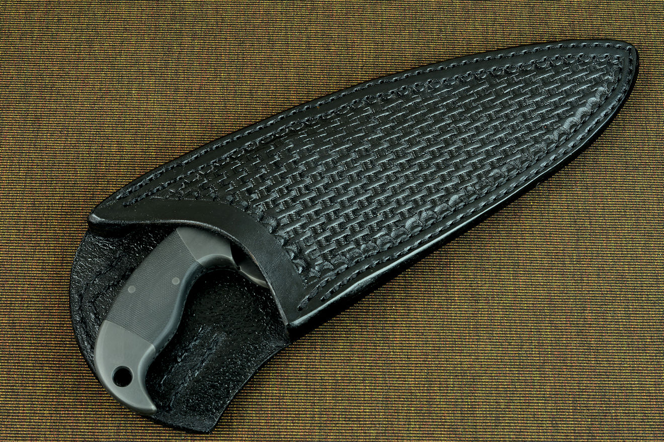 "Chronos" hand-tooled black basketweave 9-10 oz. shoulder leather sheath, front side view