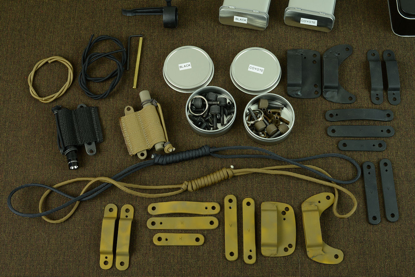 "Chronos" accessories, hardware, fasteners, and fittings, showing a huge array of options in both black and coyote tan