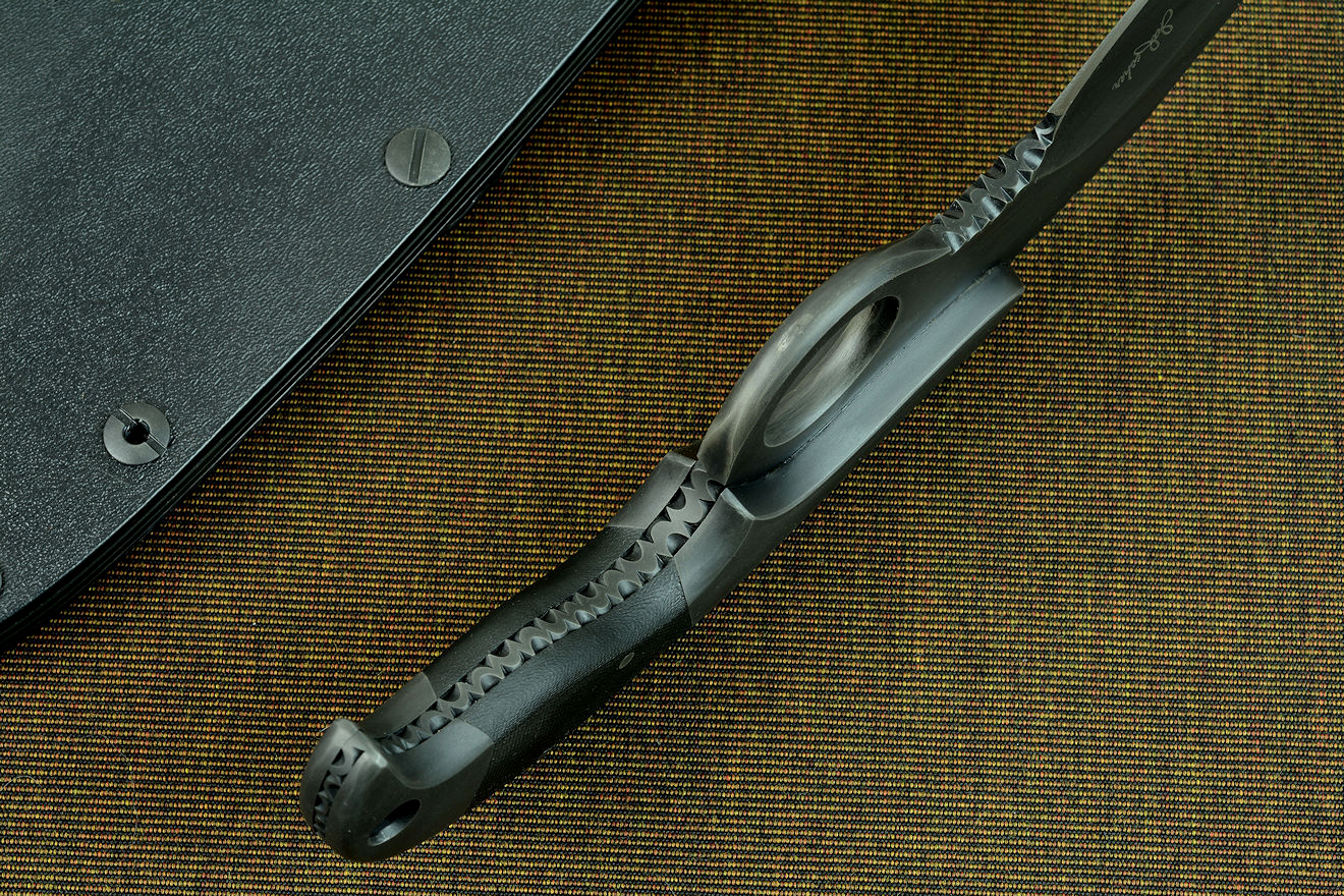 "Chronos" inside handle tang view. All surfaces rounded, smoothed, contoured, and blackened for uniformity and comfort