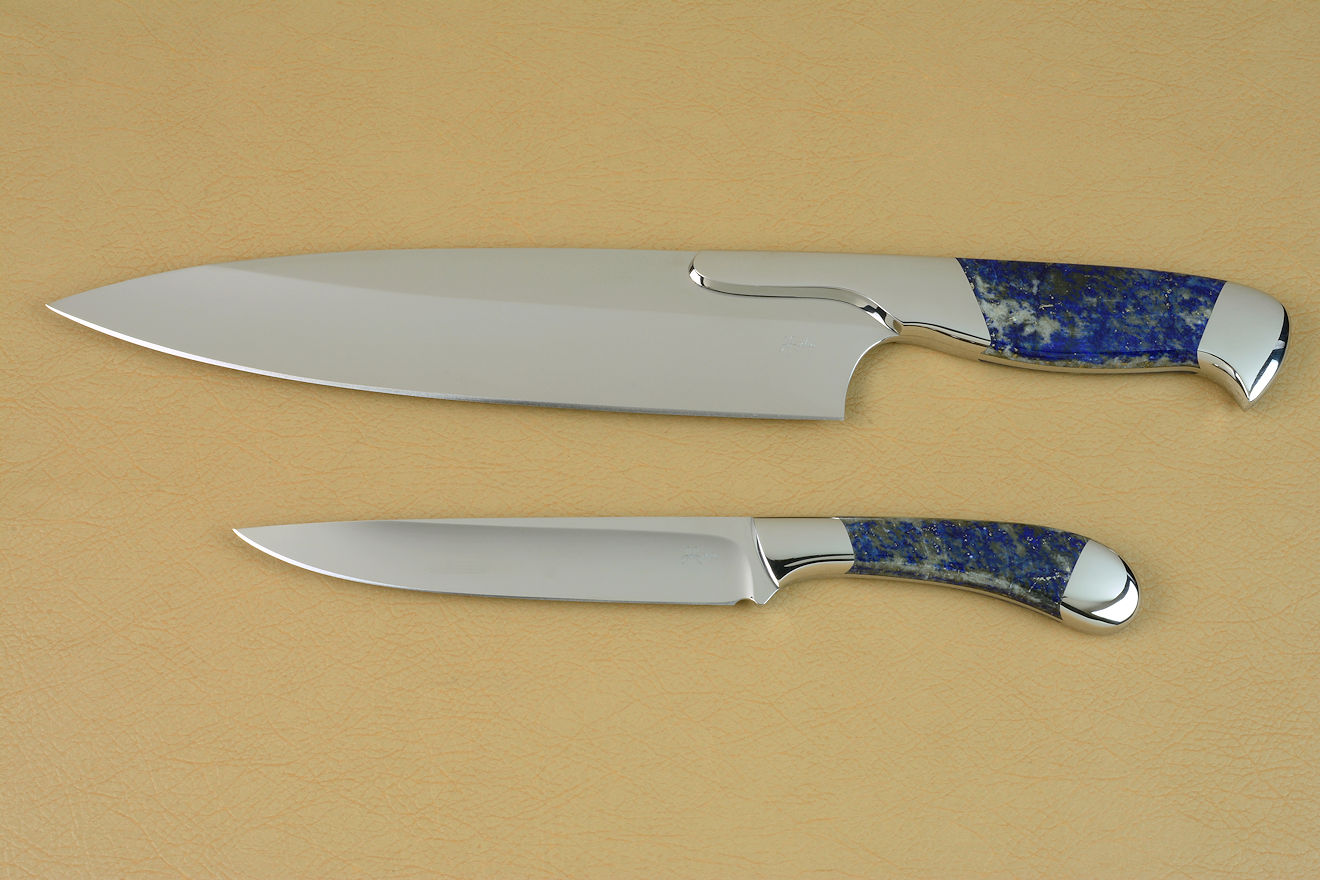 Concordia and Sanchez Custom Chef's Knives in T3 cryogenically treated 440C high chromium stainless steel blades, 304 stainless steel bolsters, Lapis Lazuli gemstone handles, book case in top grain leather, leather shoulder and belly, hand-carved, stainless steel snaps