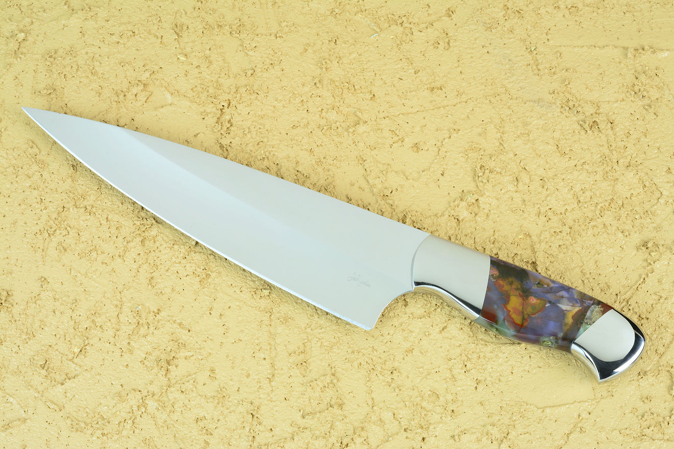 "Corvus," obverse side view in ATS-34 high molybdenum martensitic stainless steel blade, T3 Cryogenically treated, 304 stainless steel bolsters, Majestic Agate gemstone handle, silicone prise