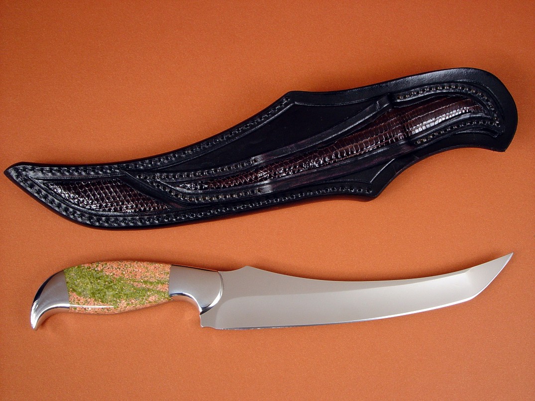 "Cybele" fillet, boning, chef's, carving, collector's knife, obverse side view in 440C high chromium stainless steel blade, 304 stainless steel bolsters, Unakite gemstone handle, lizard skin inlaid in hand-carved leather sheath