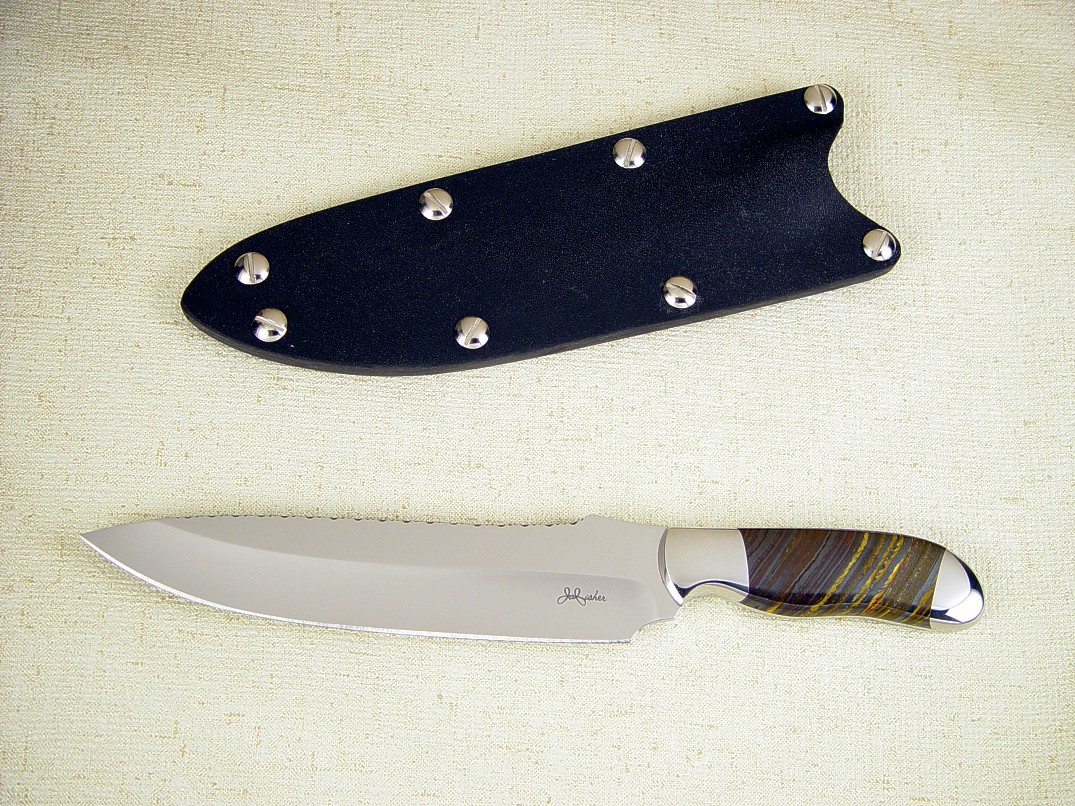 "Cyele" chef's knife: 440C high chromium mirror polished hollow ground blade, 304 stainless steel bolsters, Australian Tiger Iron Gemstone handle, kydex sheath