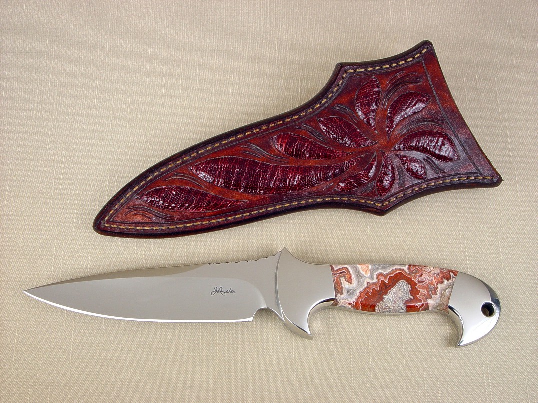 "Cygnus-Horrocks" obverse side view in ATS-34 high molybdenum stainless steel blade, 304 stainless steel bolsters, Crazy Lace Agate gemstone handle, ostrich leg skin inlaid in hand-carved leather sheath