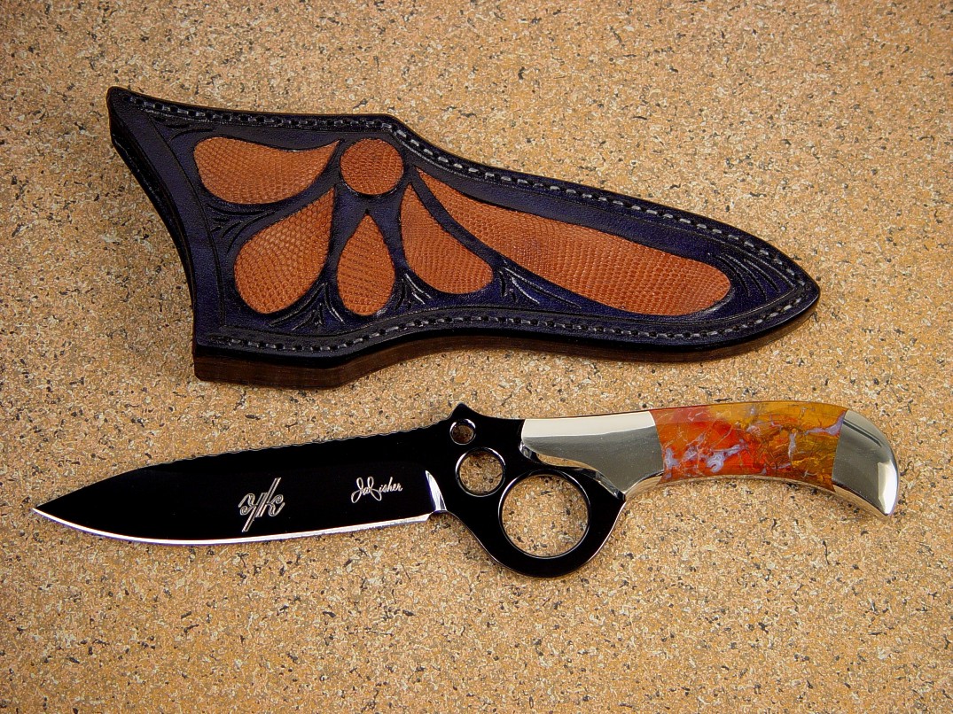 "Diacria," obverse side view in mirror polished and hot blued O1 high carbon tungsten-vanadium tool steel blade, nickel silver bolsters, Polvadera Jasper gemstone handle, lizard skin inlaid in hand-carved leather sheath