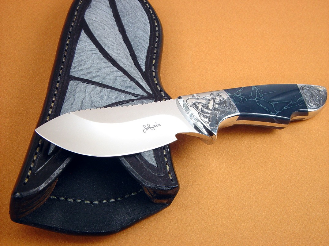 "Furud" obverse side view: 440C high chromium stainless steel blade, hand-engraved 304 stainless steel bolsters, Spiderweb Obsidian gemstone handle, Shark skin inlaid in hand-carved leather sheath