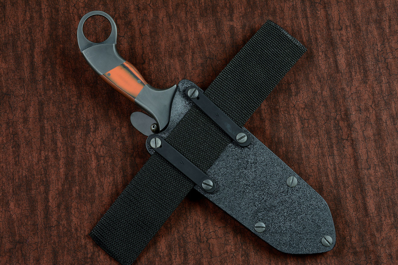 Vertical flat clamping straps on tactical combat, rescue knife securing to webbing strap 2" wide