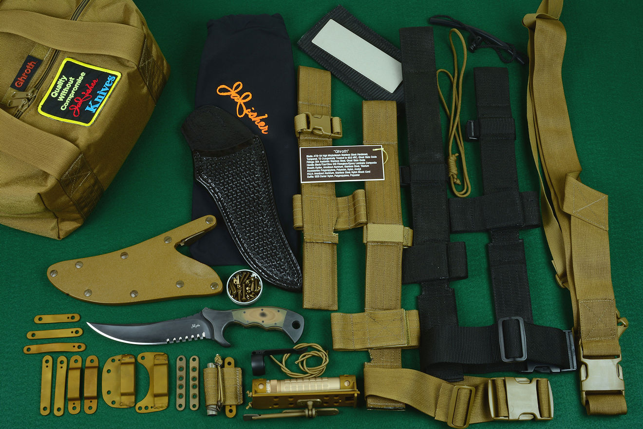"Ghroth" professional tactical, combat, rescue, counterterrorism knife kit, complete, with UBLX, EXBLX, HULA, LIMA, diamond sharpener, leather sheath, sternum harness, lanyards, staps, clamps, hardware, and heavy ballistic nylon duffle