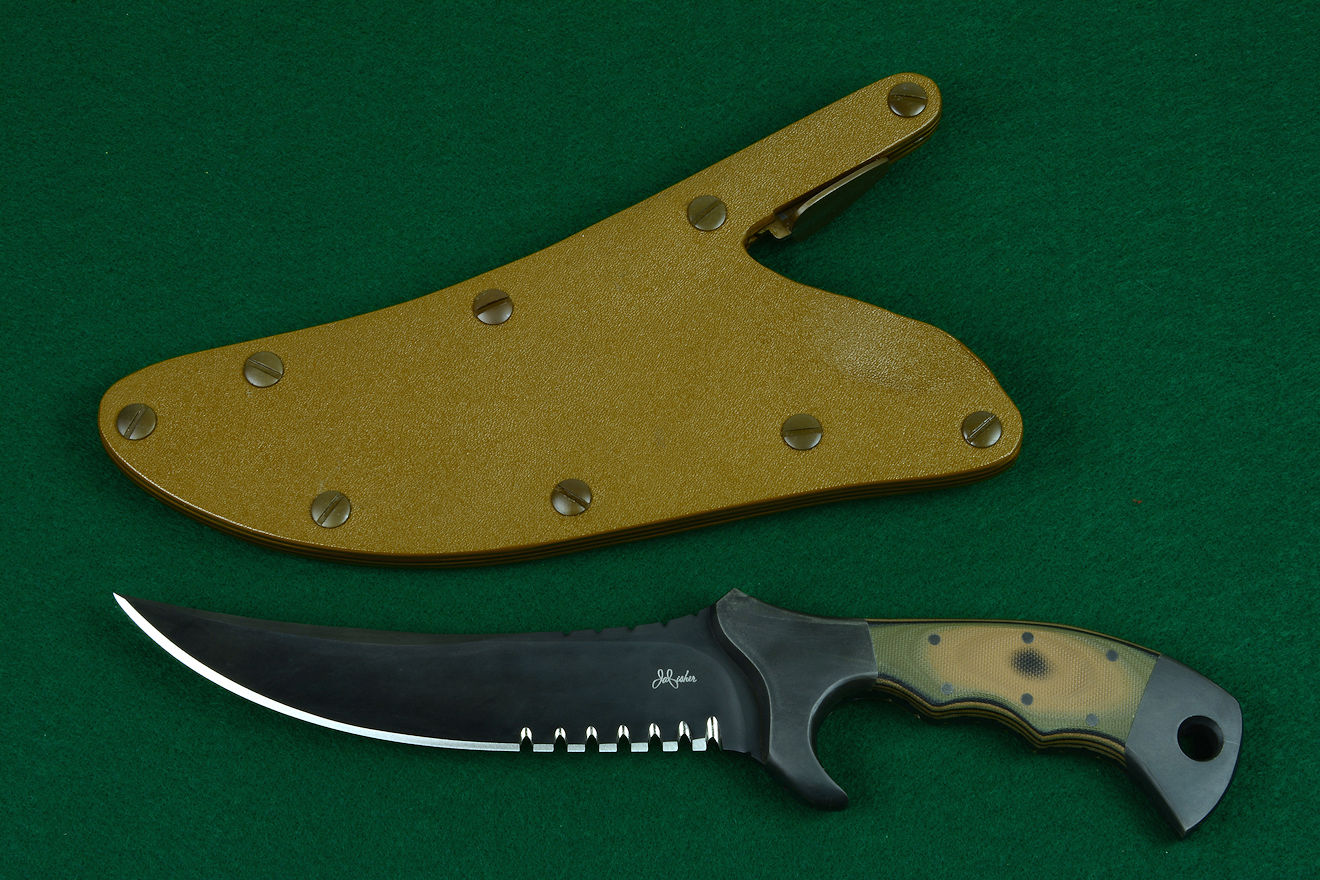 "Ghroth" professional counterterrorism, combat, tactical knife, obverse side view in ATS-34 high molybdenum stainless steel blade, 304 stainless steel bolsters, coyote/black/olive G10 fiberglass/epoxy laminate composite handle, locking kydex, anodized aluminum, stainless steel, titanium sheath