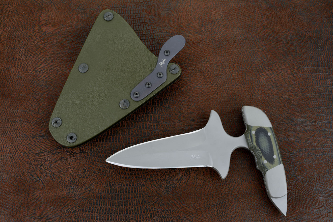 "Guardian" Custom Counterterrorism Push/Punch Dagger, obverse side view in ATS-34 high molybdenum stainless steel blade, 304 stainless steel bolsters, G10 composite handle, hybrid tension-locking sheath in kydex, anodized aluminum, anodized titanium, blackened stainless steel