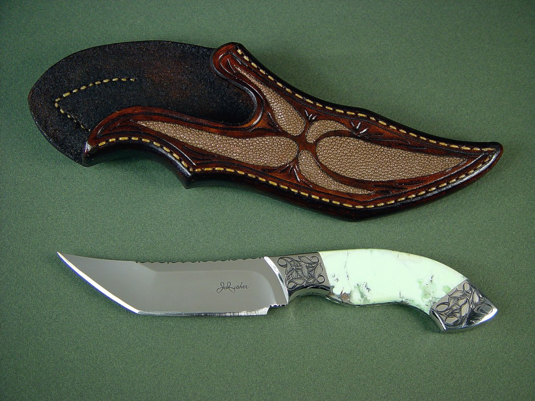 "Izanami" 440C high chromium stainless steel blade, hand-engraved 304 stainless steel bolsters, Nickel Magnesite gemstone handle, Rayskin inlaid in hand-carved leather sheath