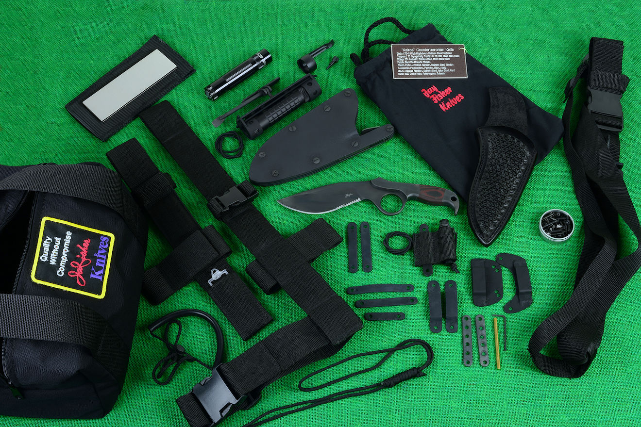 "Kairos" counterterrorism tactical knife kit, complete, with UBLX, EXBLX, HULA, LIMA, diamond sharpener, leather sheath, sternum harness, lanyards, staps, clamps, hardware, and heavy ballistic nylon duffle