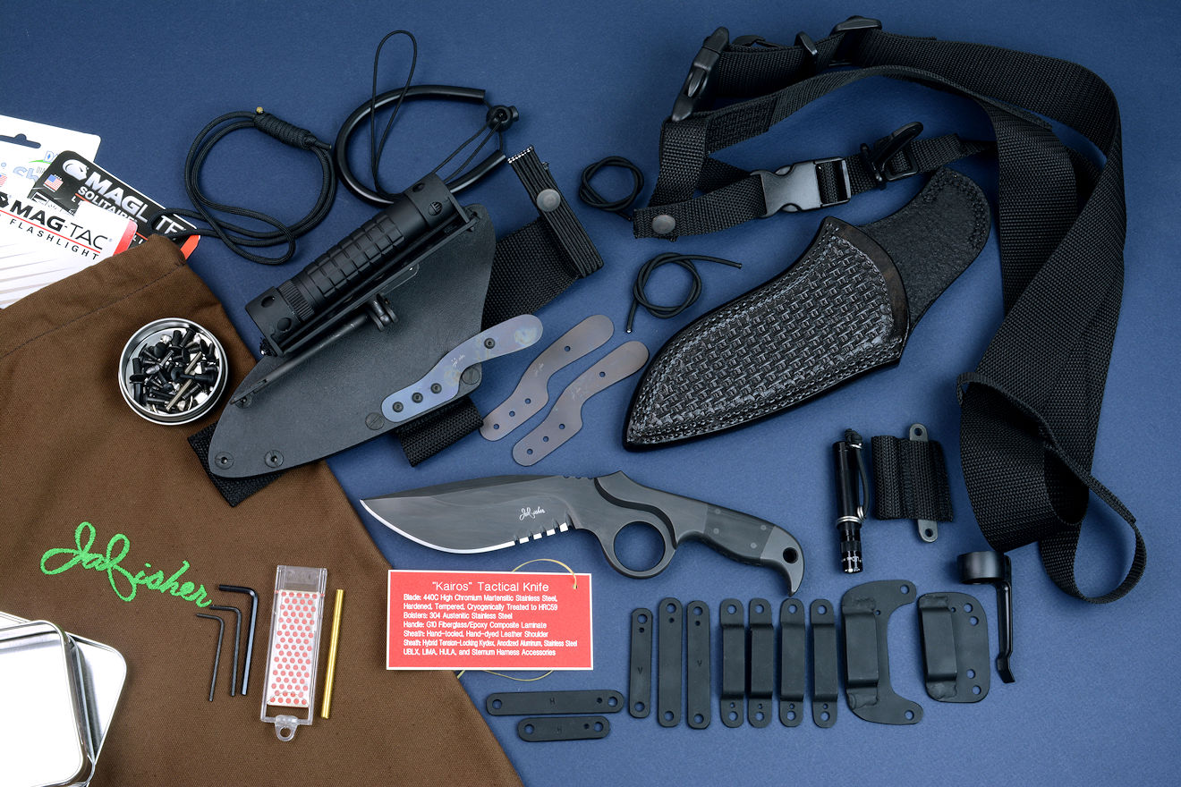 "Kairos" counterterrorism combat knife with full accessory package: leather sheath, hybrid tension locking sheath, HULA, LIMA, UBLX, SCUBA lanyard, paracord lanyard, sternum harness plus, extra sheath titanium springs, vertical, horizontal flat clamping straps, horizontal belt loop plates, high profile belt loops, low profile belt loops, stainless steel hardware, instructions, archival plate, embroidered canvas bag, hardware containers