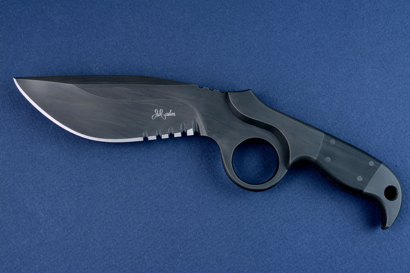 "Kairos" Shadow line, obverse side view. Knife is all black, subdued with proprietary process in all stainless steel.