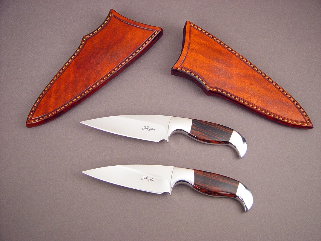 "Lagus" pair, obverse side view; ATS-34 high molybenum stainless steel blades, 304 stainless steel bolsters, Mahogany Obsidian gemstone handles, leather sheaths