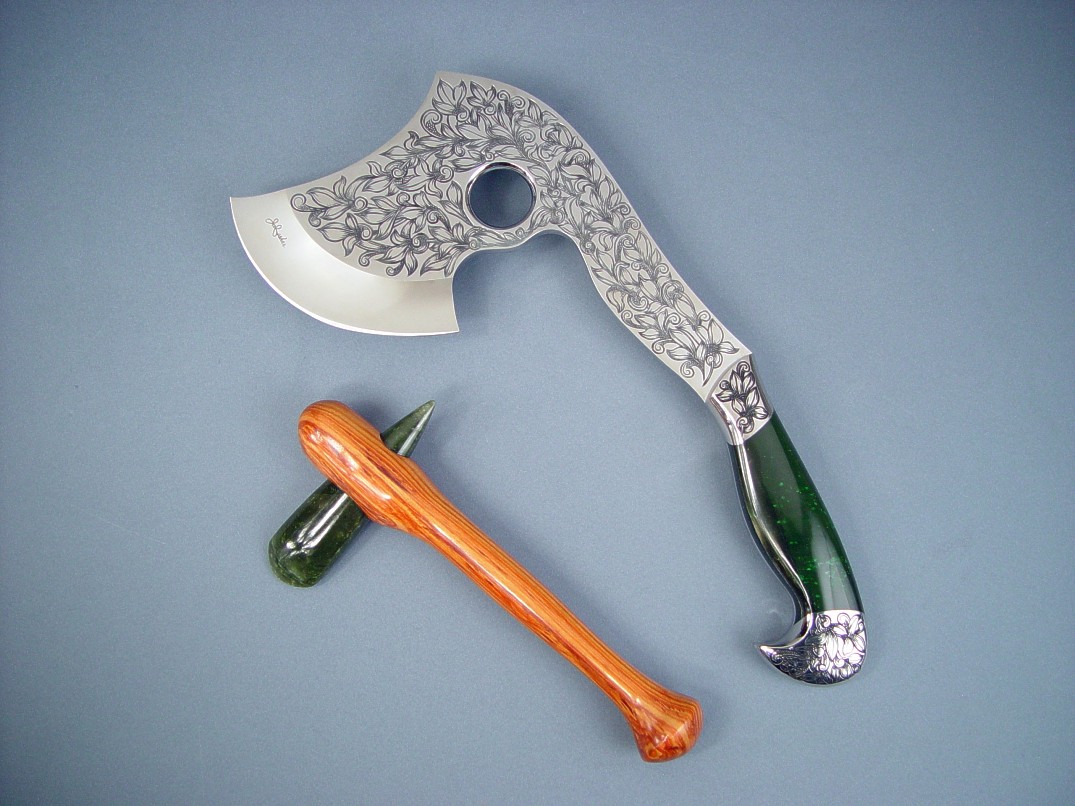 "Manaya" fine handmade hatchet and petaloid celt in hand-engraved ATS-34 high molybdenum stainless steel blade, 304 stainless steel bolsters, Jade and green goldstone gemstone handle, petaloid celt in nephrite jade and tulipwood
