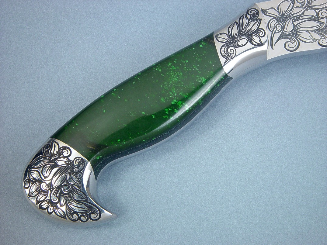 Nephrite Jade gemstone handle on hatchet "Manaya" with engraved stainless steel bolsters and blade