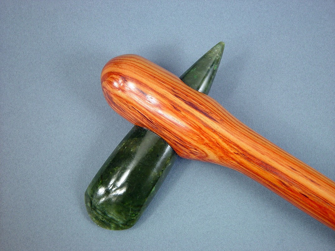 Petaloid celt mounting with jade celt and tulipwood handle