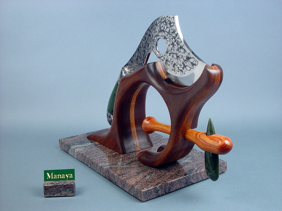 "Manaya" hatchet and celt on stand. All handmade, hand-carved and finished ceremonial, sculpted knife art.