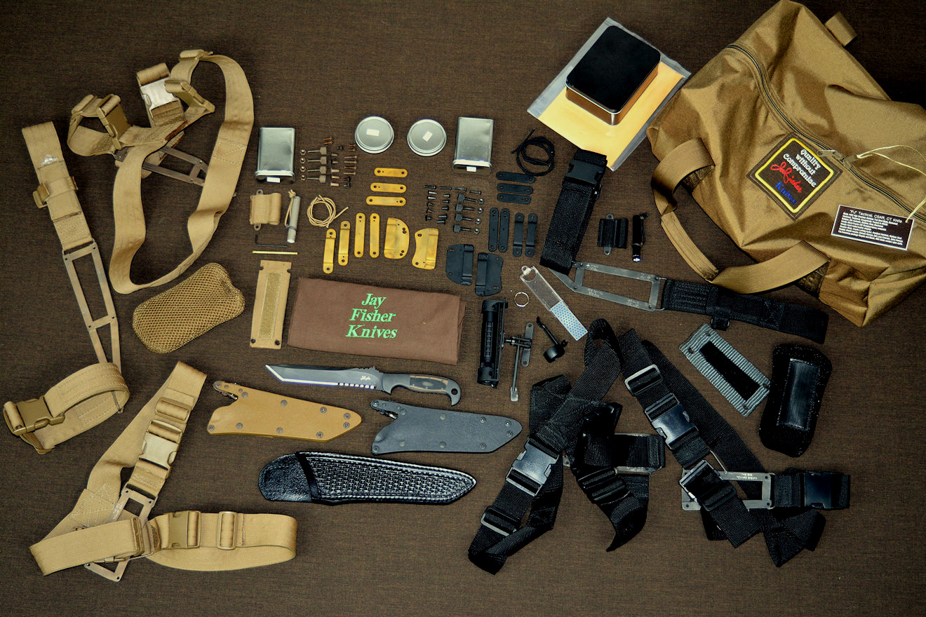 "PJ" CSAR, combat, Counterterrorism knife with complete accessory package in coyote and black, including modular sheath wear accessories