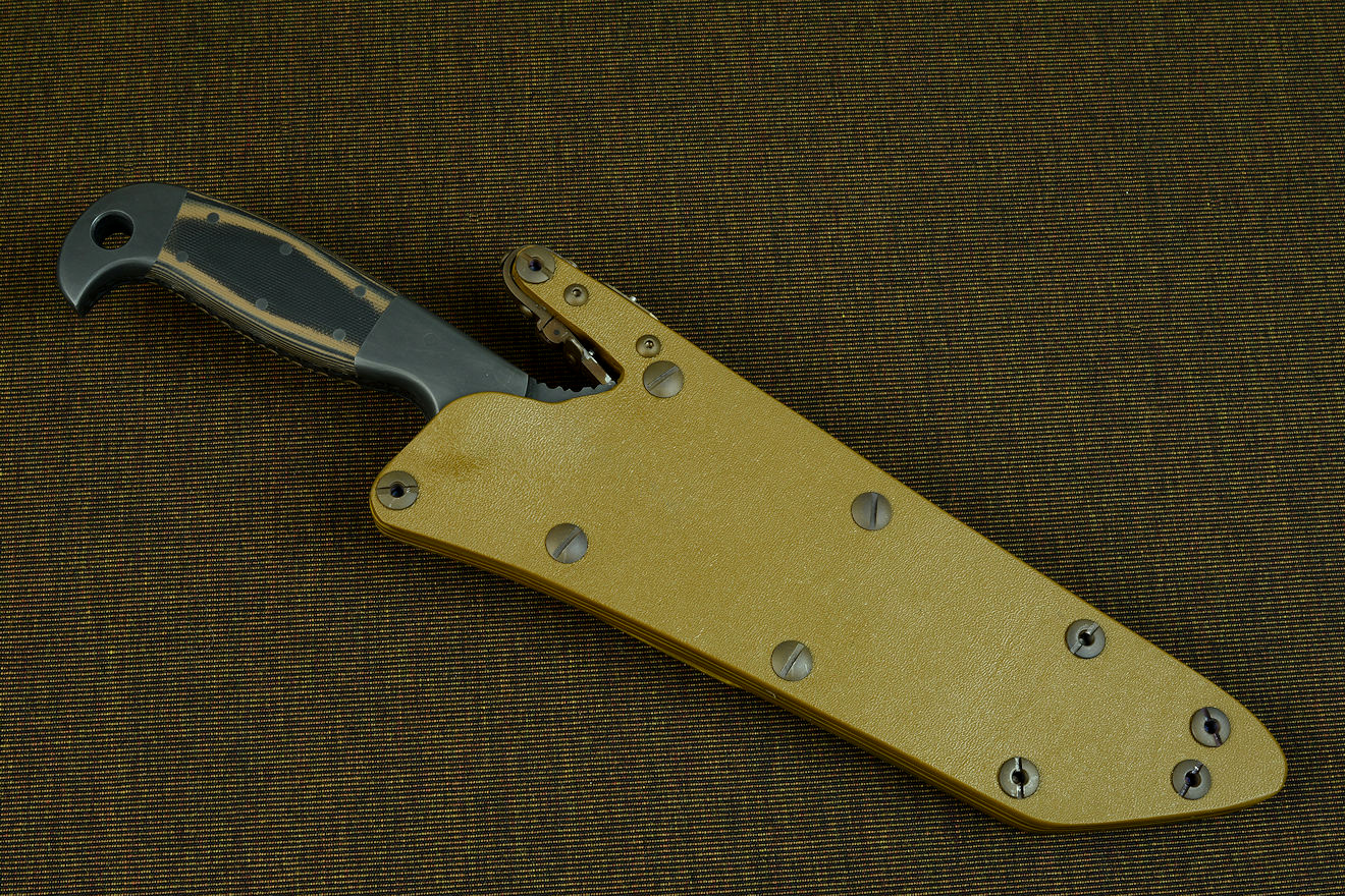 "PJ-CT" sheathed view with locking coyote tan sheath in kydex, anodized aluminum, and stainless steel