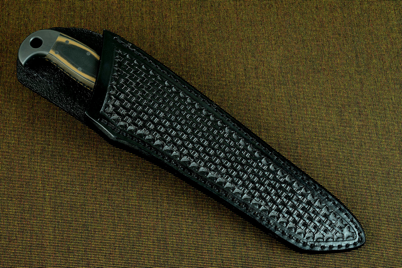 "PJ-CT" sheathed view, heavy hand-tooled black basketweave leather sheath for traditional or quiet wear
