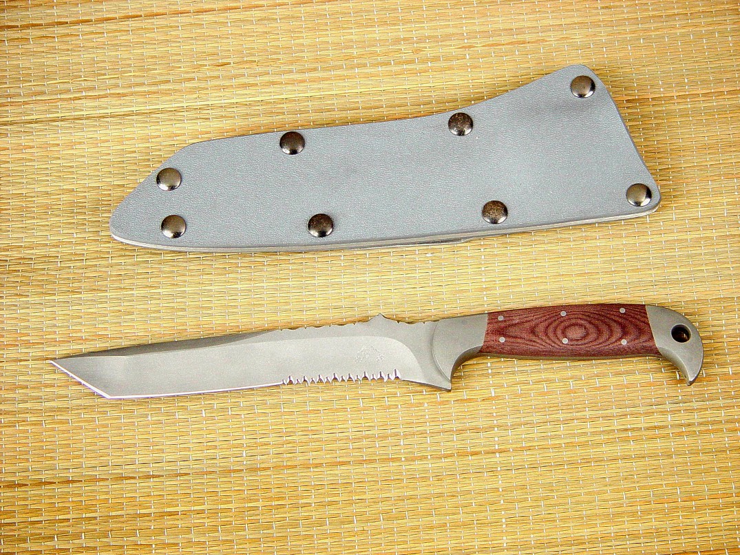 "PJLT" CSAR knife in bead blasted 440C high chromium stainless steel blade, 304 stainless steel bolsters, maroon micarta phenolic handle, gray kydex, aluminum, blued steel sheath