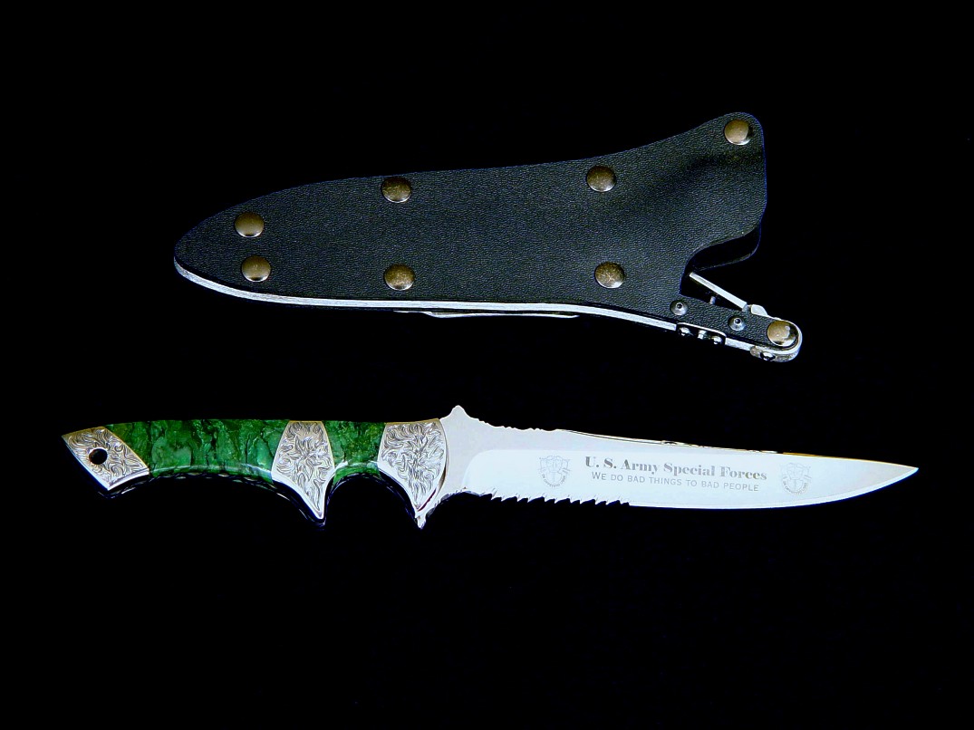 US Army Special Forces "Patriot" in etched 440C high chromium stainless steel blade, hand-engraved 304 stainless steel bolsters, Budstone(Verdite) gemstone handle, locking kydex, aluminum, stainless steel sheath