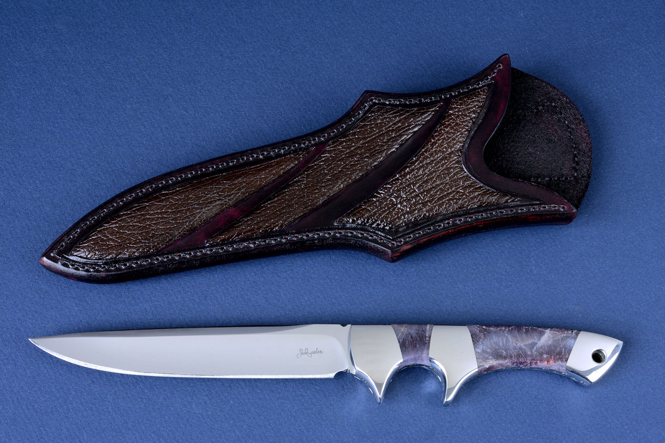 "Patriot" obverse side view in 440C high chromium stainless steel blade, 304 stainless steel bolsters, Lace Amethyst gemstone handle, shark skin inlaid in hand-carved leather sheath