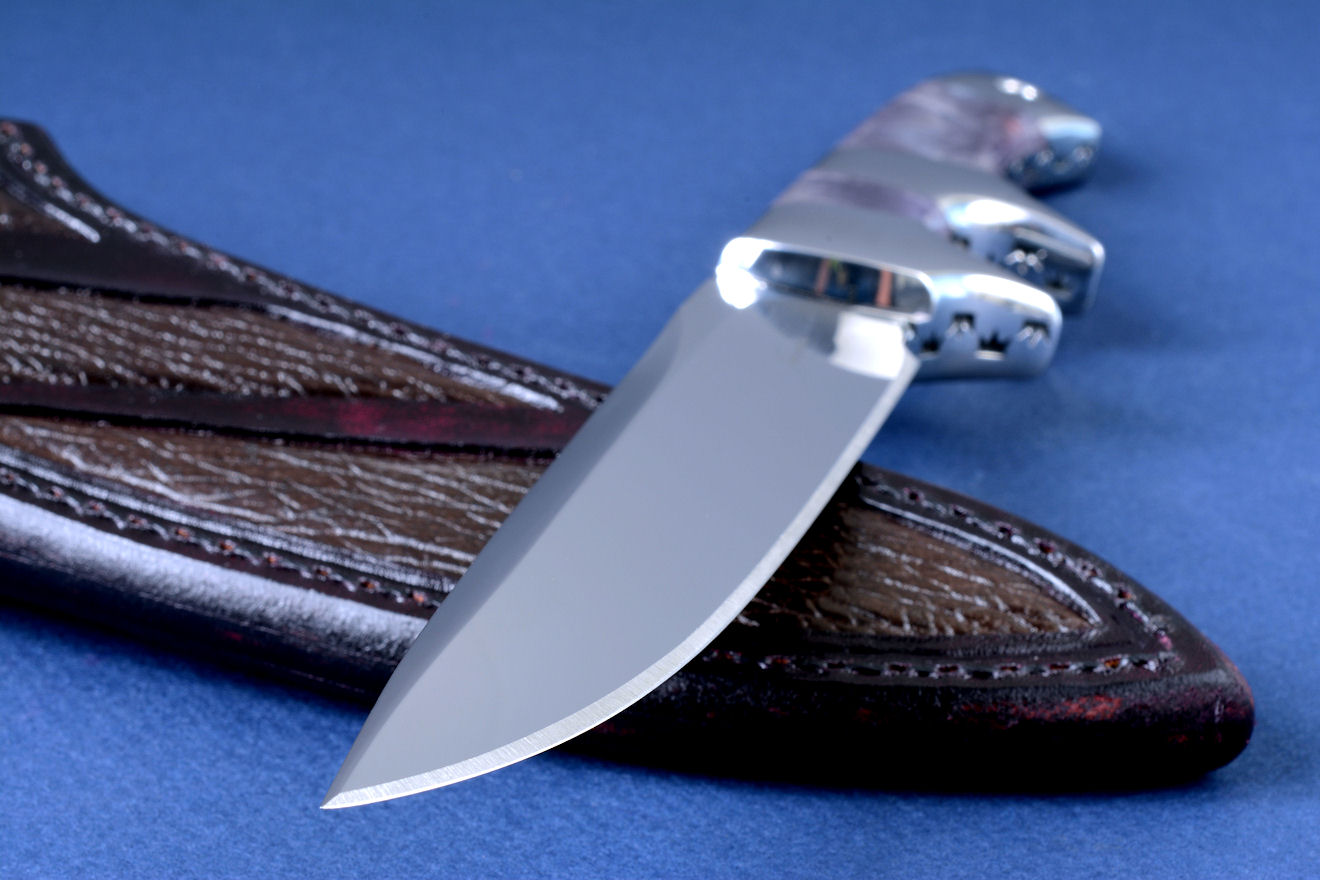 "Patriot" obverse side view in 440C high chromium stainless steel blade, 304 stainless steel bolsters, Lace Amethyst gemstone handle, shark skin inlaid in hand-carved leather sheath