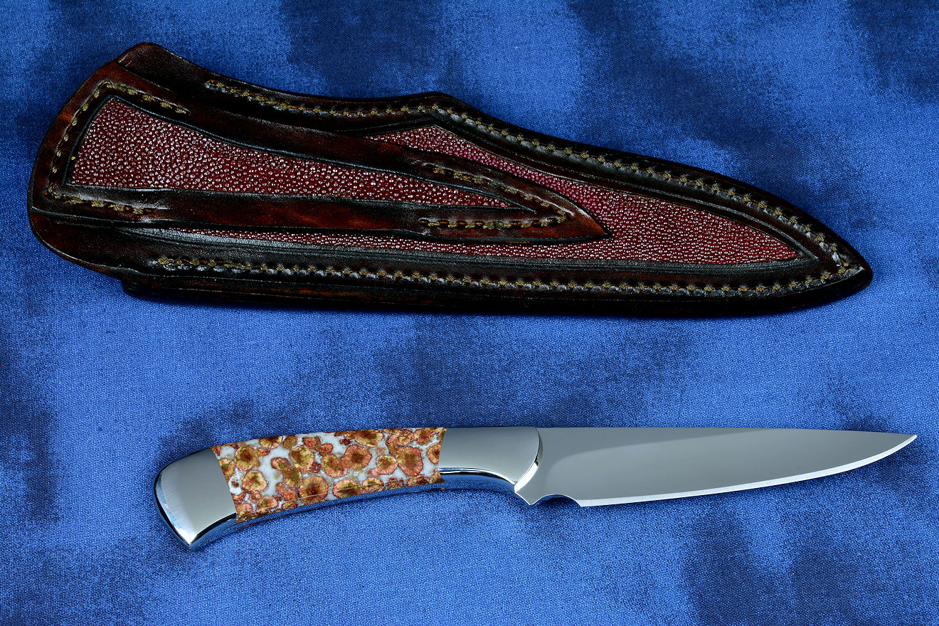 "Phact" fine handmade knife,  in 440C high chromium stainless steel blade, 304 stainless steel bolsters, Poppy Jasper gemstone handle, hand-carved leather sheath inlaid with rayskin