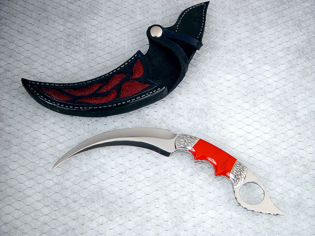 "Raptor" Kerambit in 440C high chromium stainless steel blade, hand-engraved 304 stainless steel bolsters, Red River Jasper gemstone handle, Red Stingray skin inlaid in hand-carved leather sheath