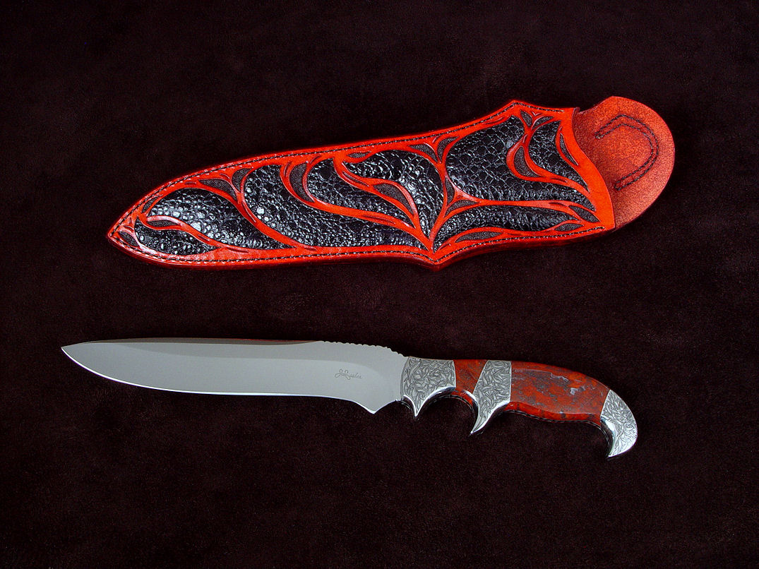"Sargon" obverse side view in CPM154CM high molybdenum stainless steel blade, hand-engraved 304 stainless steel bolsters, Fossilized Stromatolite Algae gemstone handle, Frog skin inlaid in hand-carved leather sheath