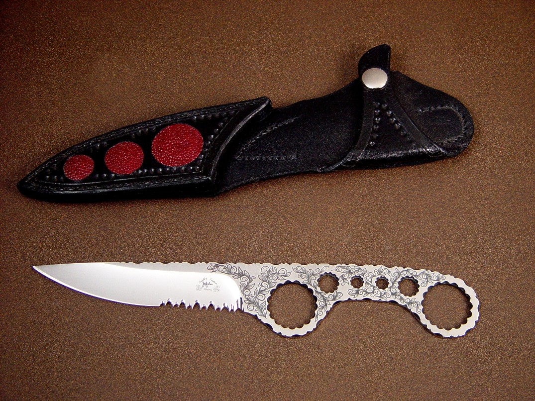 "Shank" obverse side view in hand-engraved ATS-34 high molybdenum stainless steel blade, sheath of leather shoulder inlaid with red stingray skin