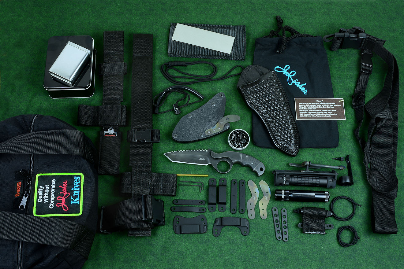 "Skeg" professional counterterrorism, tactical knife kit, complete, with UBLX, EXBLX, HULA, LIMA, diamond sharpener, leather sheath, sternum harness, lanyards, staps, clamps, hardware, and heavy ballistic nylon duffle