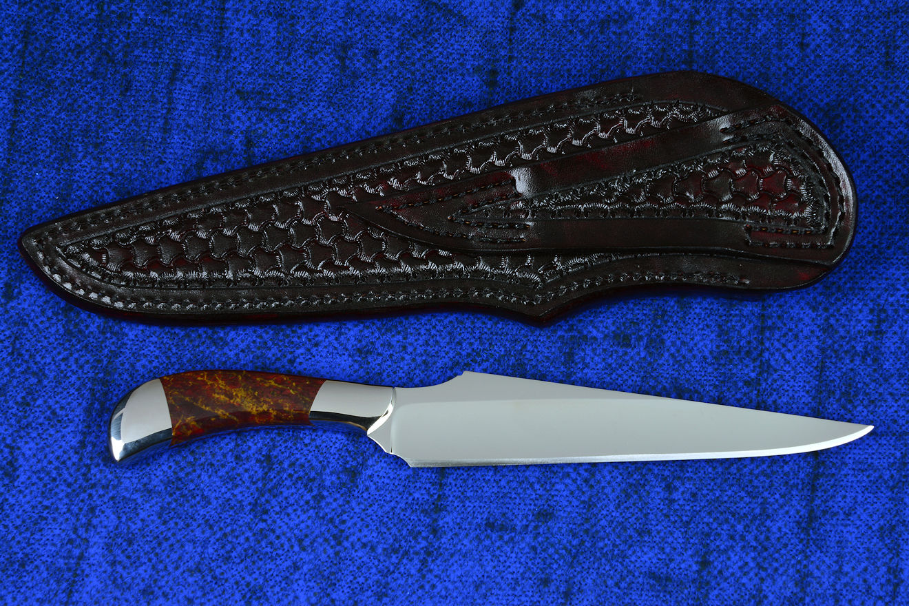 "Sonoma" professional chef's knife, in 440C high chromium stainless steel blade, 304 stainless steel bolsters, Pilbara Picasso Jasper gemstone handle, hand-tooled burgundy leather shoulder sheath